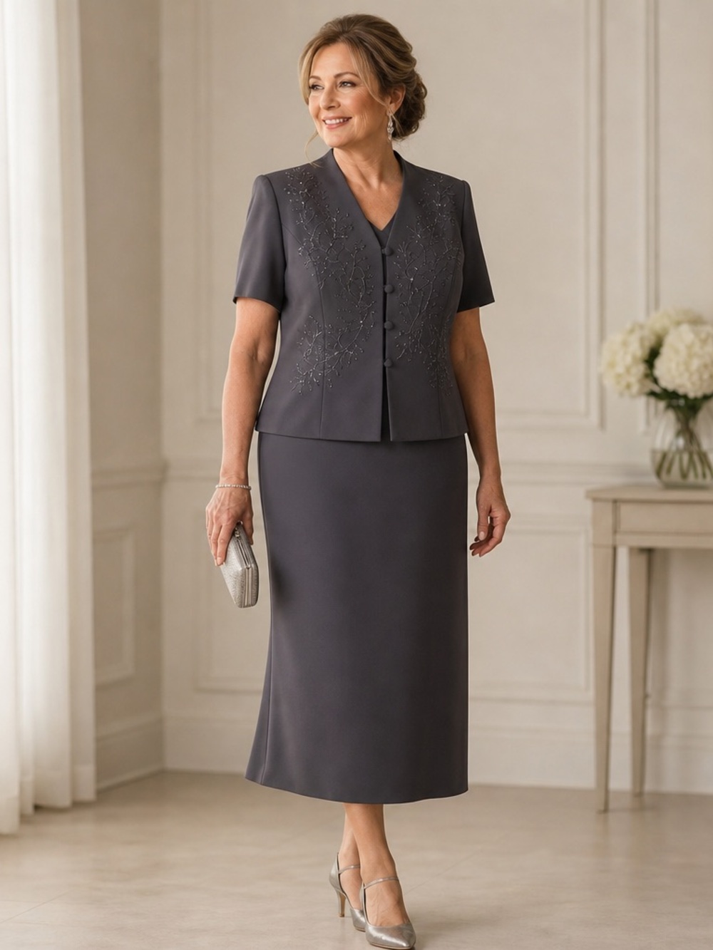 Jessica Howard  Charcoal Gray 2 piece beaded jacket Maxi mother of the bride  10